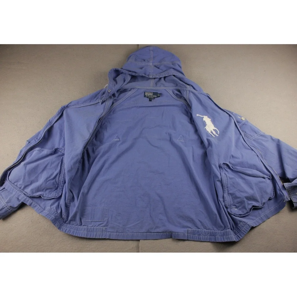 Polo Ralph Lauren Hooded Jacket Blue Big Pony 3 Patch Y2K Vintage XL Distressed